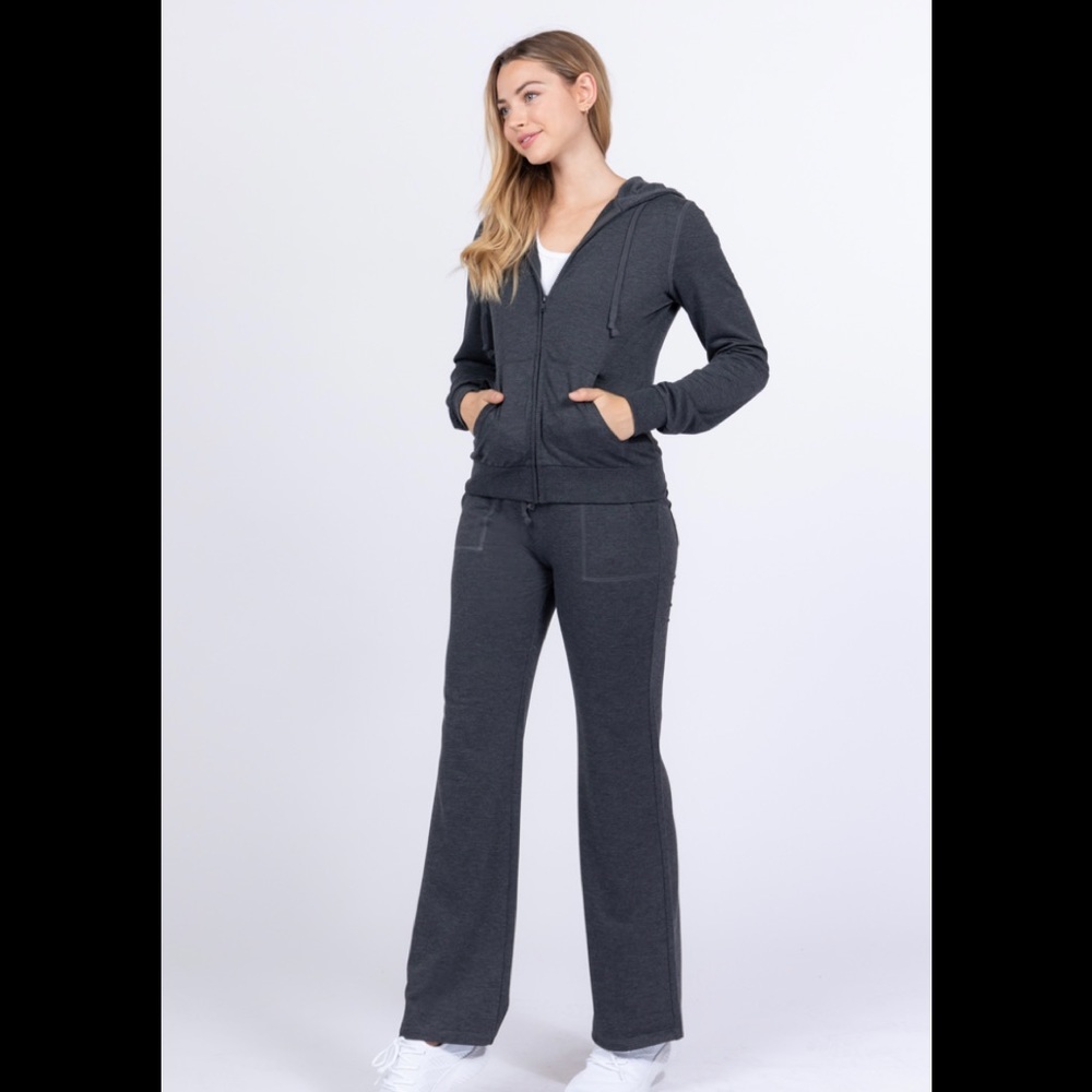 Charcoal French terry long sleeve hoodie zip up jacket and pant set. - Picture 2 of 4
